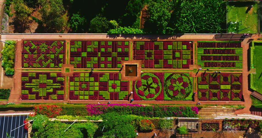 Aerial view of a beautiful flowerbed with a pattern of blooming flowers, created by human hands in a botanical garden