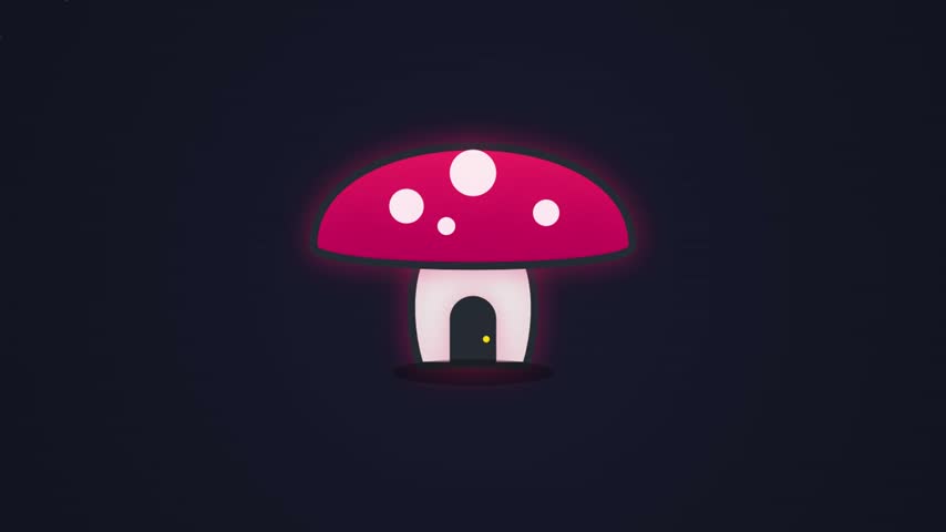 A minimalist animated mushroom house icon featuring a pulsing neon glow effect on a dark background, perfect for fantasy or nature-themed digital projects.