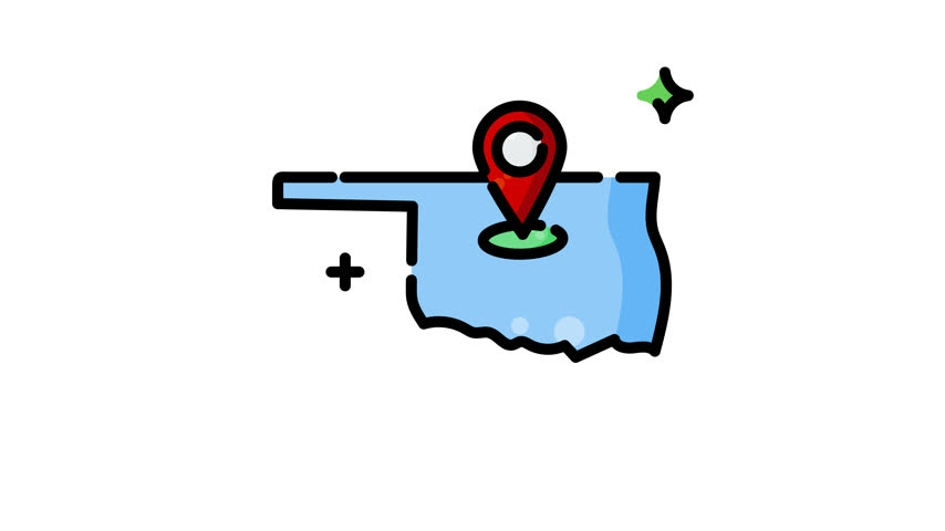 Animated Oklahoma map illustration highlights red location pin and elegant curved accents, ideal for travel guides, tourism promotions, and regional marketing.