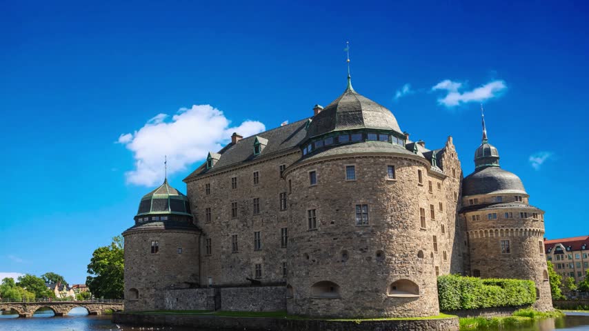 Panoramic view of the Orebro Castle in autumn sunny day, Narke Province, SwedenOrebro Castle is a medieval stone castle in Orebro, one of the most famous and historically significant castles in the Kingdom of Sweden.Örebro, Swden   is a medieval  fortification in Sweden