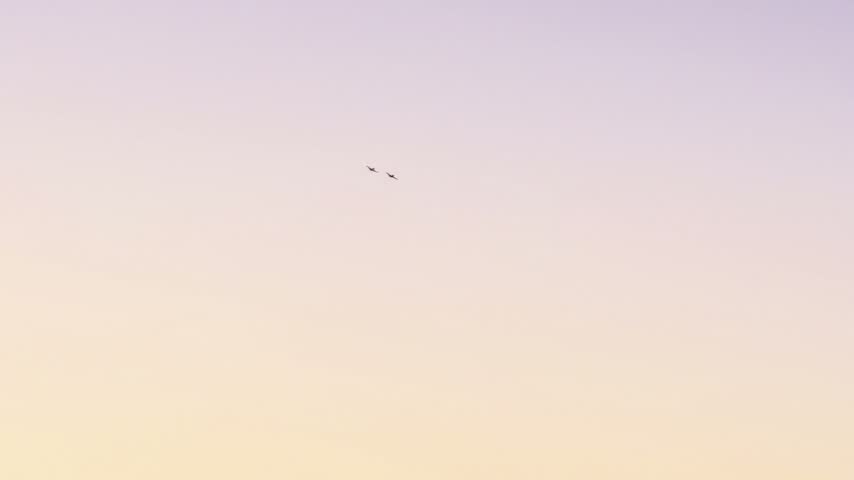 Two P-51 Mustangs bank together against the sunset sky in Sacramento.