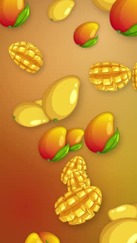 Cartoon mangoes and cross-hatched slices fall continuously against a warm orange gradient mesh background.