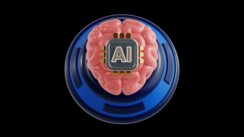 AI brain with microchip rotating with looping animation in 3D icon style on transparent background for artificial intelligence, machine learning, and cognitive technology concepts.