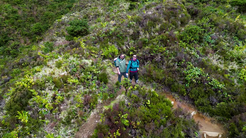Aerial view of hikers ascending a winding trail through lush green hillsides
