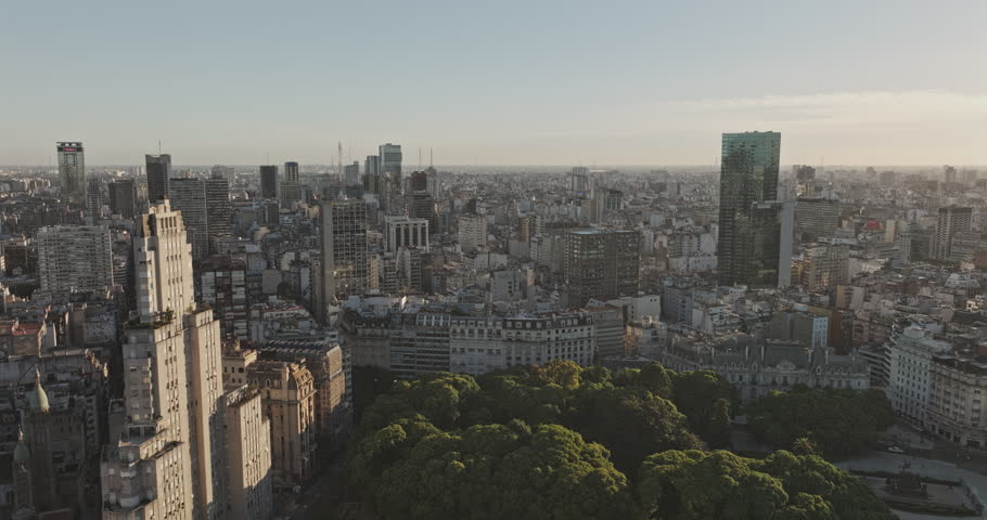 Buenos Aires Argentina Aerial v117 high-angle flyover pans across Plaza San Martin and Retiro into San Nicolas, revealing the dense downtown skyline. - Shot with 5k Camera - Jan 22nd 2026