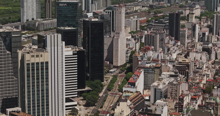 Buenos Aires Argentina Aerial v43 zoomed telephoto flyover over Plaza San Martin toward Torre Macro, BBVA Tower and Catalinas Norte offices - Shot with 5k Camera - Jan 3rd 2026