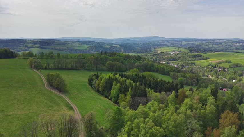 Aerial view of rolling green hills with patchwork farmland, scattered forest trees, and winding dirt road leading to distant village under bright late spring light and blue sky.