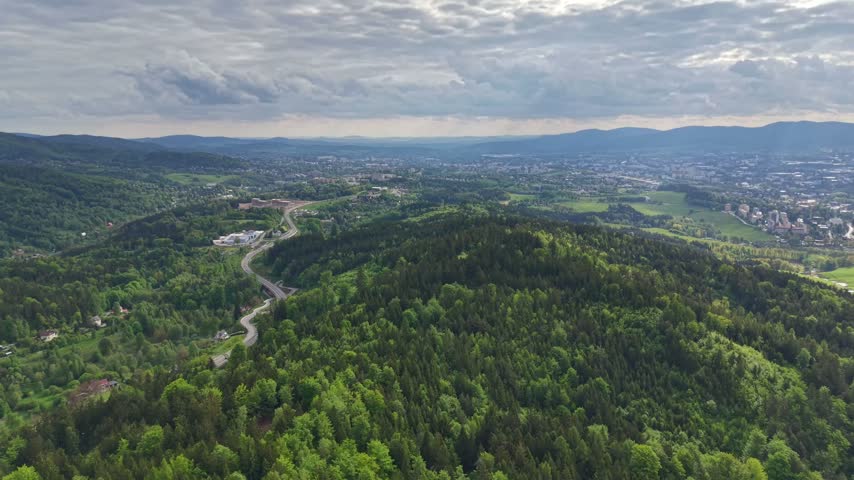 Aerial panorama shows lush rolling hills with winding road weaving through dense forest and open clearings, leading toward distant town under soft, overcast daytime sky. Wide valley, hill ranges