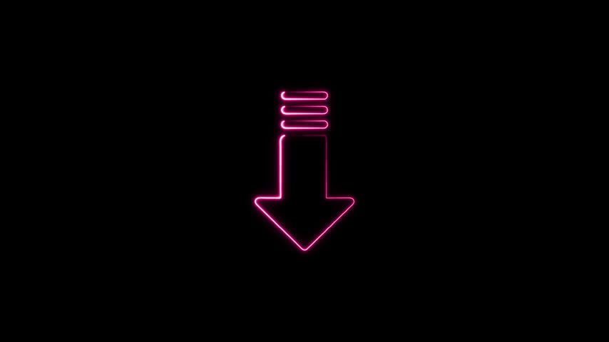 Neon pink glowing downward arrow isolated on a black background digital illustration.