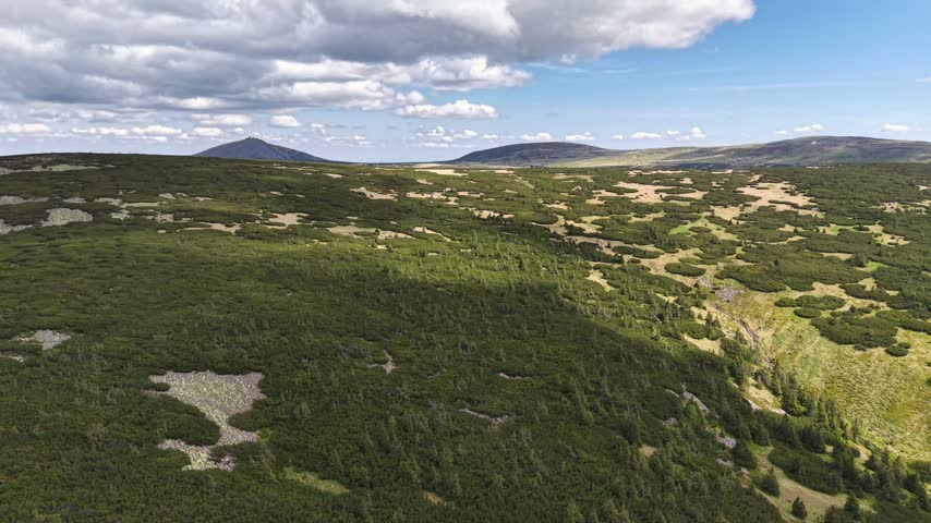 Wide aerial view of windswept moorland with irregular sandy patches, dense shrubs, and rocky texture, while distant mountains and bright clouds sit under shifting daylight above horizon.