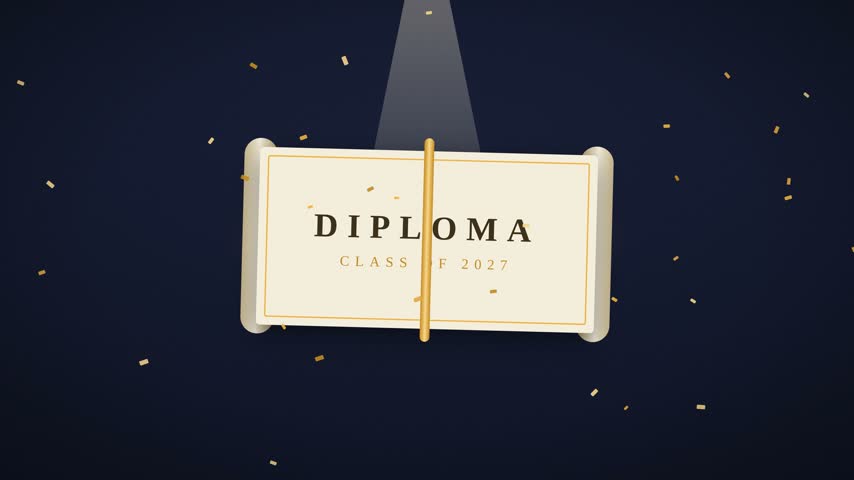 A diploma scroll tied with gold cord floating under a spotlight with confetti in a seamless loop
