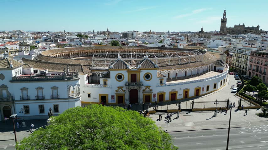 The video shows the bullring of the Real Maestranza de Caballería in Seville (known as the Plaza de Toros or La Maestranza), located in the El Arenal neighborhood of Seville, in Andalusia (Spain).