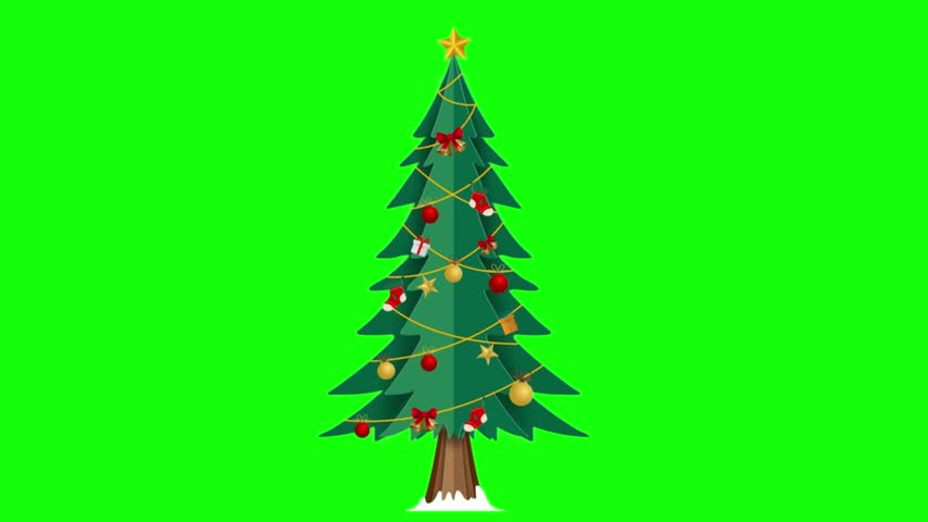 Tall animated Christmas tree decorated with red bows, gift boxes, stockings, and lights on green screen
