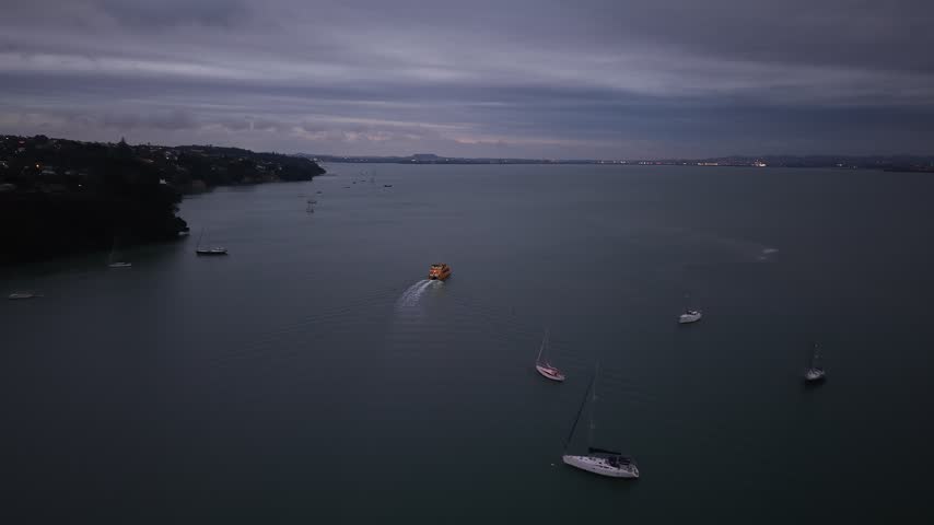 Aerial drone tracking passenger ferry crossing wide calm harbour at dusk, Upper Waitematā Harbour, Auckland, New Zealand