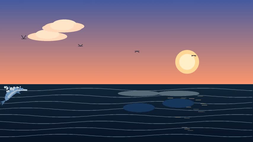 Dolphins jumping out of ocean at sunset, animated background