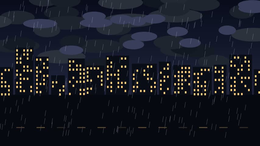 Lightning storm over city skyline with rain, animated background