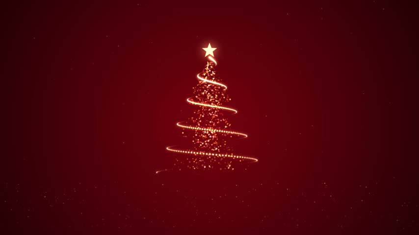 Glowing Christmas tree sparkling with golden lights and a bright star on a dark red background