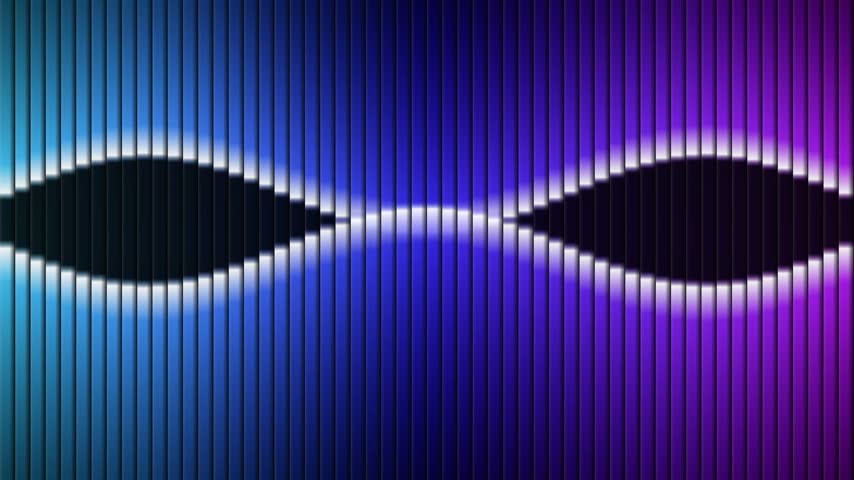 Abstract neon glass zipper effect with symmetrical expanding light shapes, 4k cinematic background.