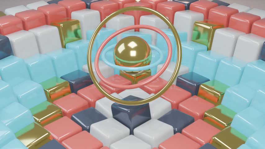 3D Golden Gyroscope Sphere Over Rippling Pastel and Gold Cube Pyramid
