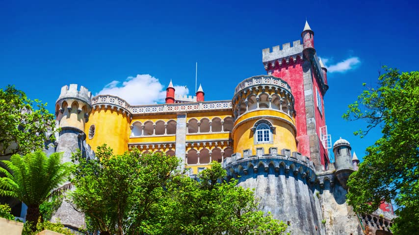 National Palace of Pena near Sintra, Portugal
The Pena National Palace was one of the main residences of the Portuguese royal family during the 19th century, located in Sintra, near Lisbon, PortugaPalace of Pena in Sintra. Lisbon, Portugal. Part of cultural site of Sintra City. Drone Point of View. 4k.