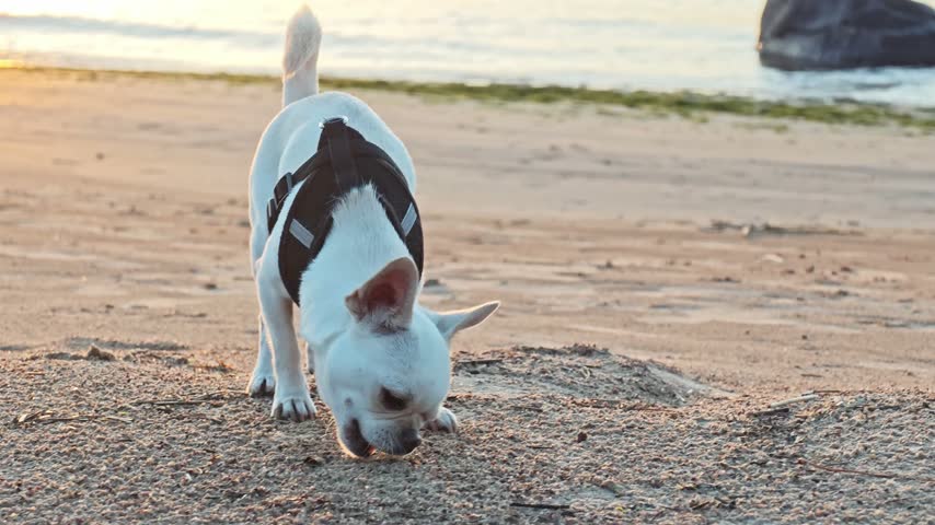 Small white dog in a black harness sniffing sand on a beach at sunset. Sea, waves and a large rock in the background, warm golden light.