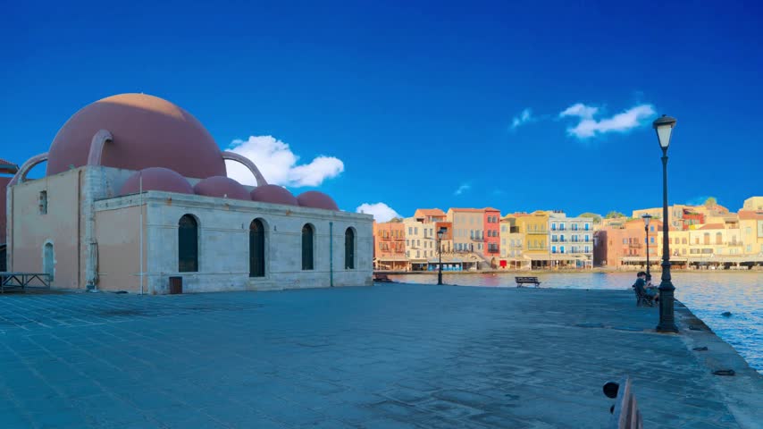 Chania, Greece,  Old mosque at the seaside of old Venetian harbor at Greek town Chania at Crete islandMosque in the  Venetian harbor of  town on  island, Greece.  mosque in . Janissaries or Kioutsouk Hassan  in  . Turkish  in  bay. , Greece.aegean, architecture, bay, blue, building, chania, coastal, coastline, , culture, destination, dome, exterior, famous, greece, greek, harbor, hassan, heritage, historic, history, island, janissaries, landmark, landscape, mediterranean, nautical museum,  ottoman, panorama, picturesque, port, promenade, quay, scenic, sea, seaside, sky, spot, stone, structure, tourism, town, travel, turkish, venetian, waterfront