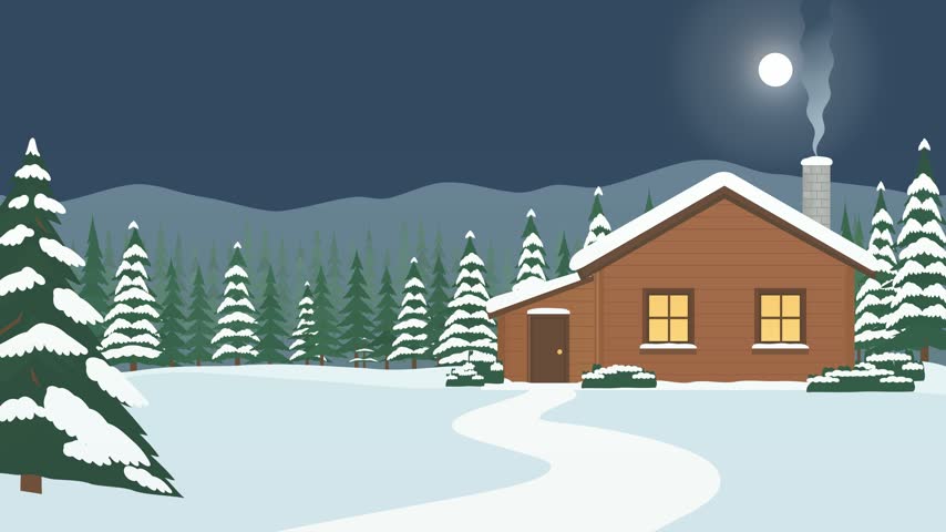 Snowfall Around a Cozy Forest Cabin at Night