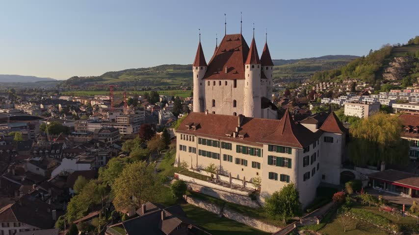 Drone Flight Above Thun Castle and Traditional Swiss Architecture