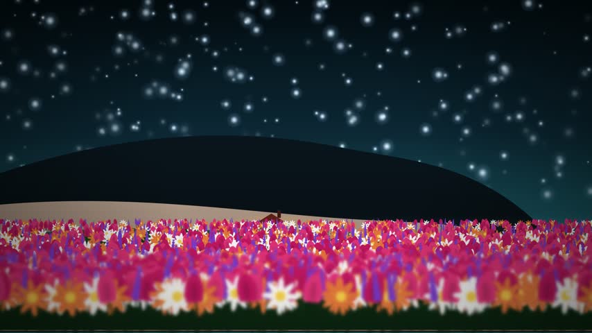Animated night landscape featuring a vibrant field of colorful blooming flowers under a magical starry night sky with a gentle shooting star and a peaceful hillside cottage in the background