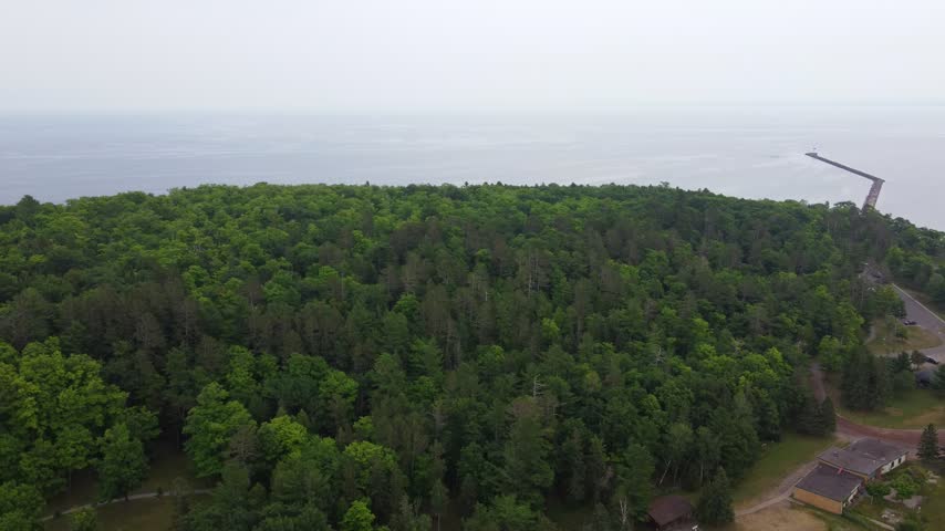 Right to Left Aerial just outside Presque Isle Park in Marquette Michigan. Beautiful landscape on the shores of Lake Superior.
