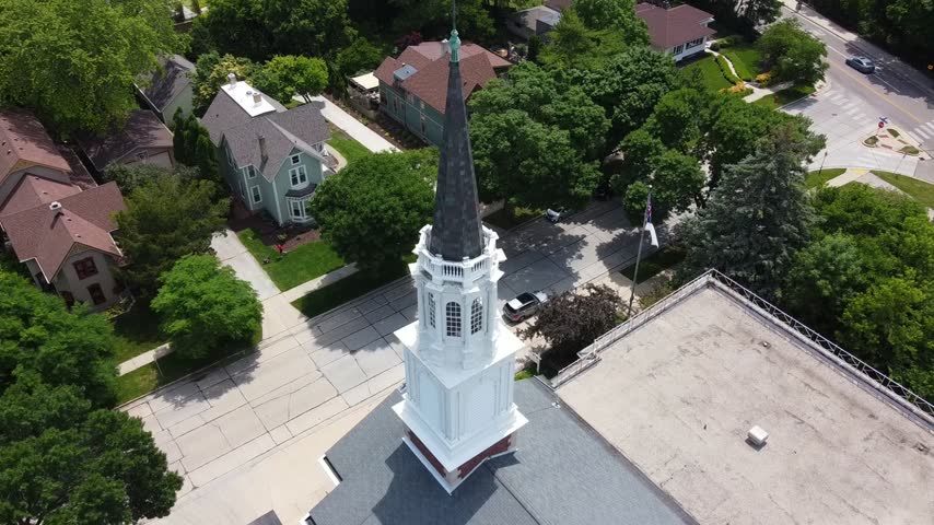 Pulling Church Aerial Village of Wauwatosa Wisconsin in the Milwaukee region. Restaurants on the river.	