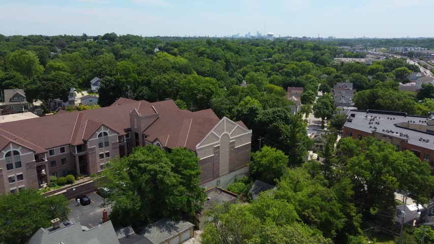 Aerial Village of Wauwatosa Wisconsin in the Milwaukee region. Restaurants on the river.	