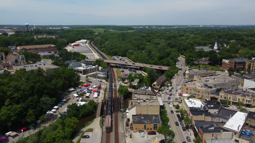 Aerial Village of Wauwatosa Wisconsin in the Milwaukee region. Restaurants on the river.	