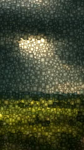 Storm Clouds Over a Quiet Rural Lake with a Winding Shoreline and Dramatic Reflections, Made of Flying Cubes