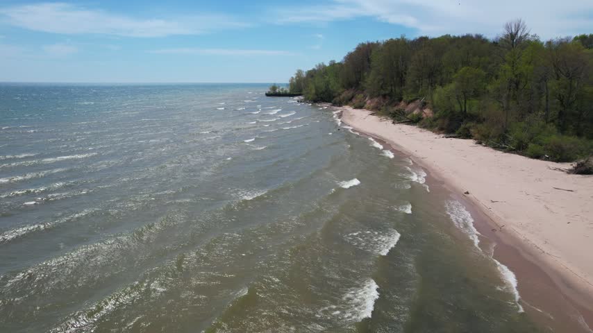 
Low Approach Aerial of Silver Creek Park in Manitowoc Wisconsin on the Shore of Lake Michigan
