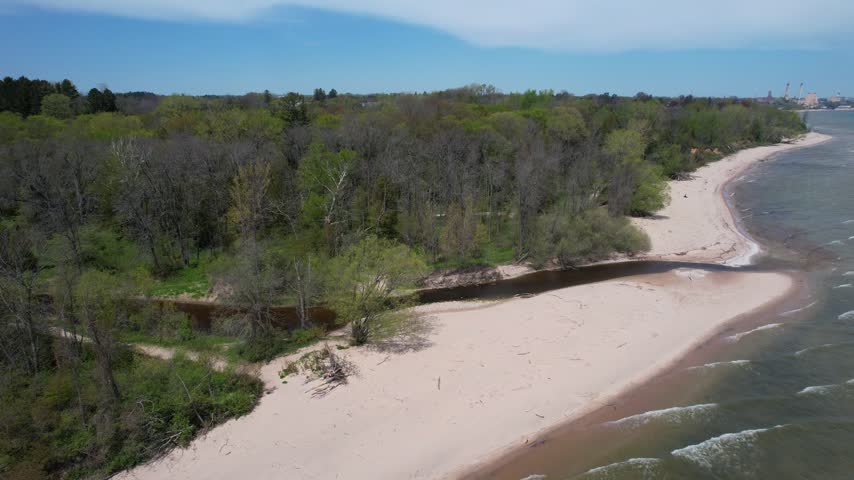 
Left to Right beach and River Aerial of Silver Creek Park in Manitowoc Wisconsin on the Shore of Lake Michigan