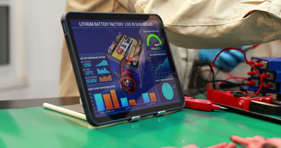 Tablet showing a lithium battery factory dashboard beside a technician testing battery equipment with red and black clamps on a workbench.