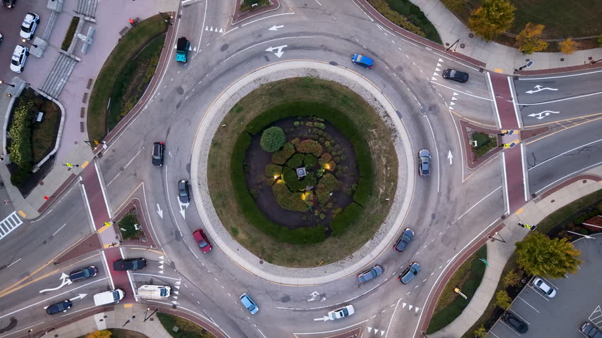 Top Down Aerial Rising Above Washington Square Roundabout in Downtown Worcester Massachusetts