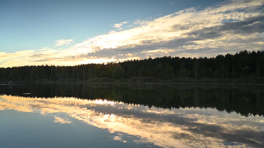 Autumn landscape, forest lake, forest in background, trees, dark, sunset light, sunset sky