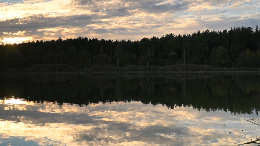 Autumn landscape, forest lake, forest in background, trees, dark, sunset light, sunset sky