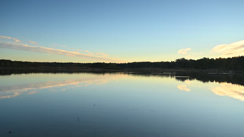 Autumn landscape, forest lake, forest in background, trees, dark, sunset light, sunset sky