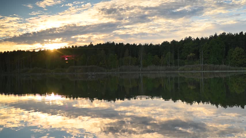Autumn landscape, forest lake, forest in background, trees, dark, sunset light, sunset sky