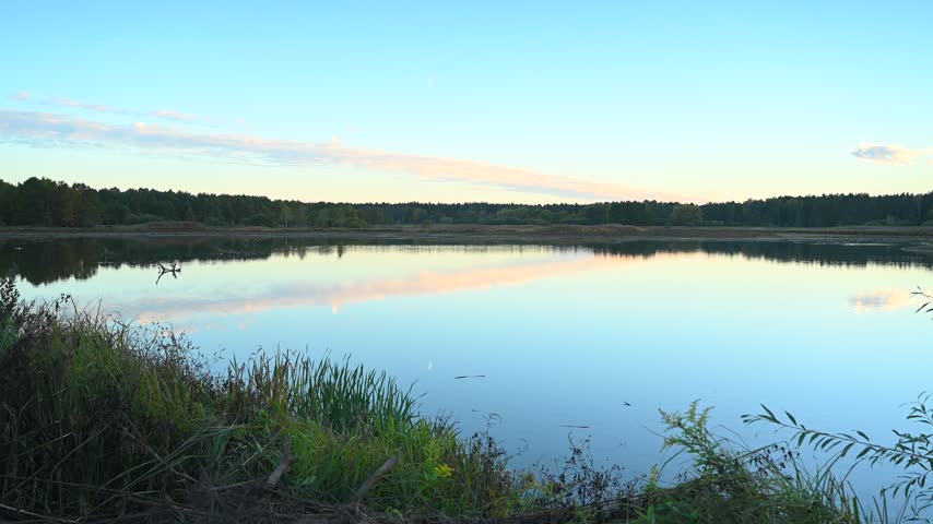 Autumn landscape, forest lake, forest in background, trees, dark, sunset light, sunset sky