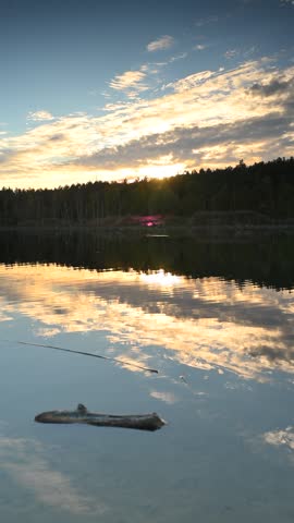 Autumn landscape, forest lake, forest in background, trees, dark, sunset light, sunset sky,branches in the water