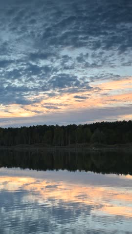 Autumn landscape, forest lake, forest in background, trees, dark, sunset light, sunset sky