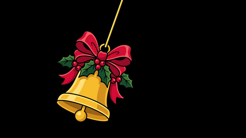 Animation vector illustration of a hanging golden Christmas bell decorated with a red ribbon bow and holly leaves.