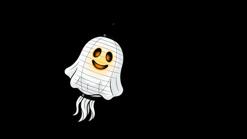 Animation vector illustration of a white hanging paper lantern ghost with glowing eyes for Halloween.