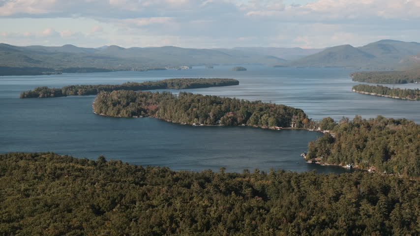 Aerial view of Lake George on an autumn day. Shot in Upstate New York’s Adirondack Mountains.