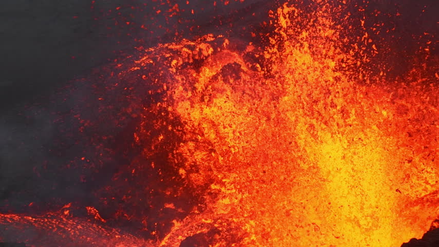 Active Volcanic Crater Erupting Molten Lava Fountain with Smoke and Ash Cloud Field