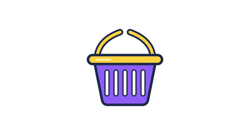 A high-quality 2D animated shopping basket icon featuring a vibrant purple body and golden yellow handles. This flat vector illustration represents retail therapy, e-commerce transactions, and consumerism. The clean line art and subtle sparkle effect make it ideal for marketing videos, online store interfaces, and digital business presentations.